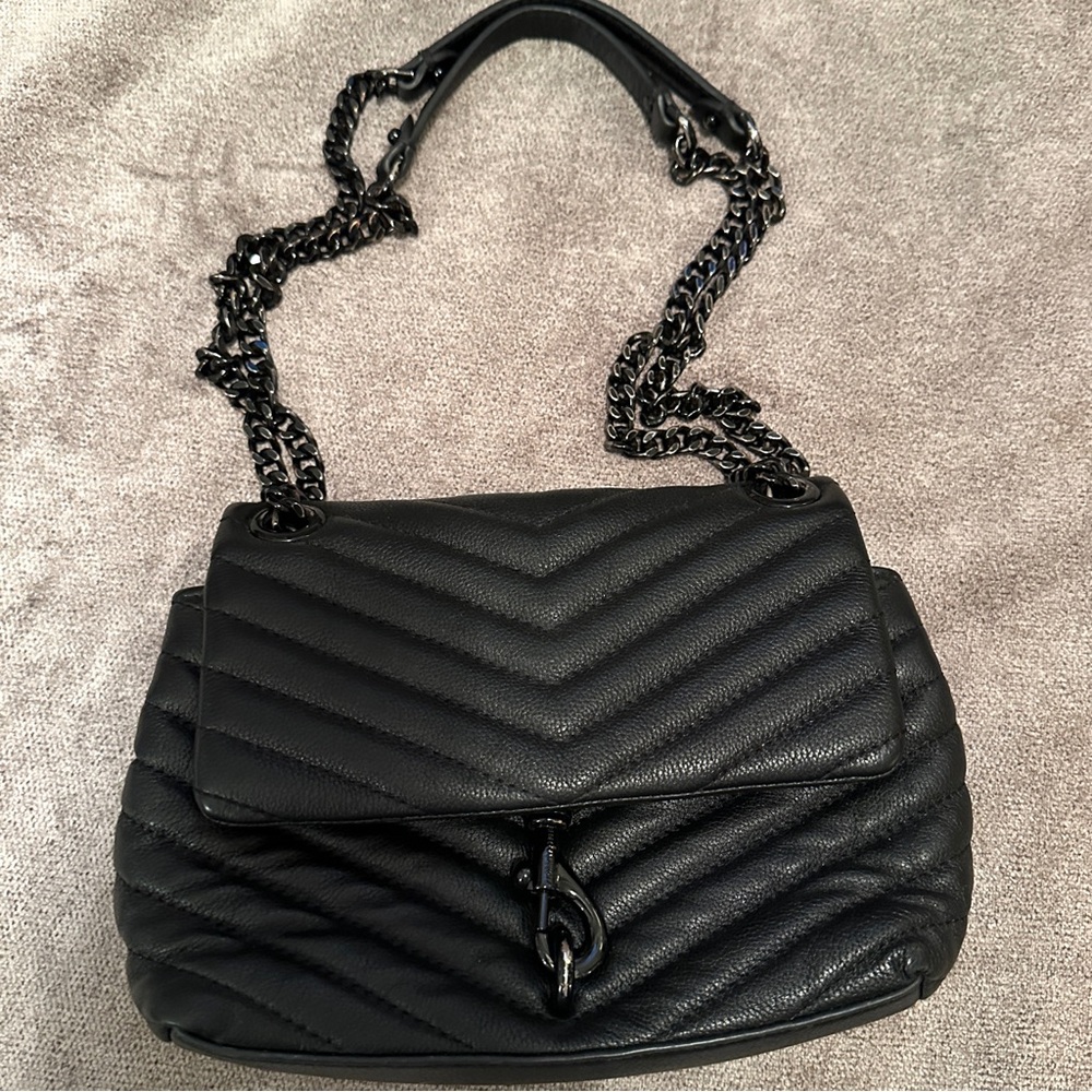 REBECCA MINKOFF Edie Chevron Quilted Black Leather Shoulder Bag